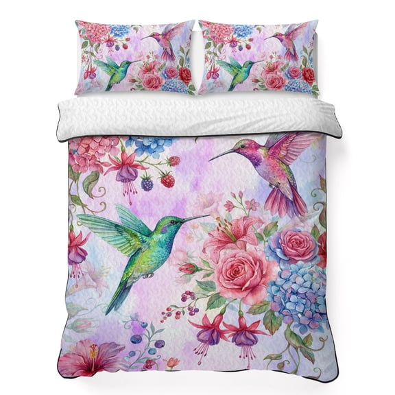 King Quilt Bedding Set Watercolor Flower Hummingbird Summer Quilt Lightweight Quilted Coverlet with 2 Pillow Shams, Spring Hydrangea Floral 3-Piece Bedspread Quilt Set for All Season