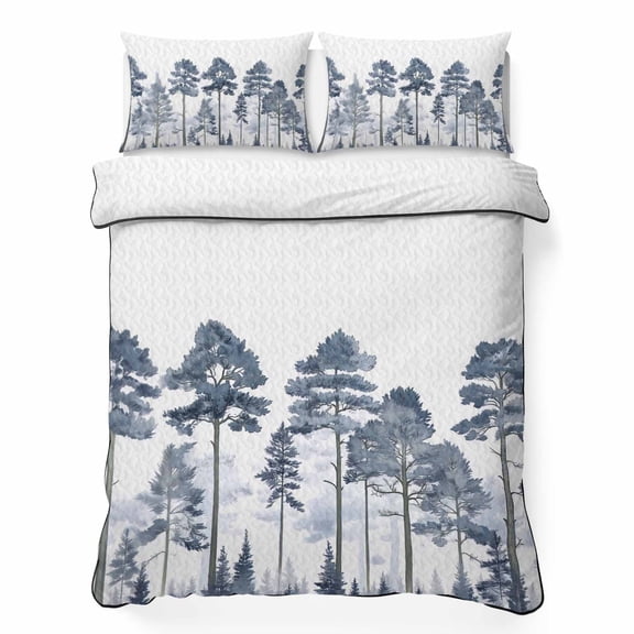 King Quilt Bedding Set Watercolor Forest Pine Tree Summer Quilt Lightweight Quilted Coverlet with 2 Pillow Shams, Botanical Branch on White 3-Piece Bedspread Quilt Set for All Season