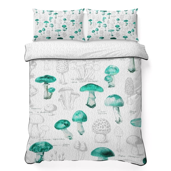 King Quilt Bedding Set Watercolor Green Mushrooms Summer Quilt Lightweight Quilted Coverlet with 2 Pillow Shams, Vintage Country Plant 3-Piece Bedspread Quilt Set for All Season