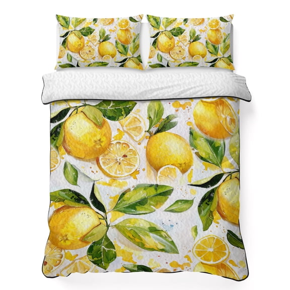 King Quilt Bedding Set, Watercolor Lemon Green Leaves Seamless Soft Microfiber Summer Bedspread Coverlet with 2 Pillow Shams for All Season, Farm Fruit Breathable Bedding Set for Hot Sleepers