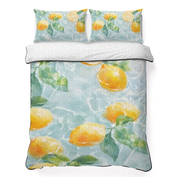 King Quilt Bedding Set, Watercolor Lemons on Lake Soft Microfiber Summer Bedspread Coverlet with 2 Pillow Shams, Yellow Fruit Leaves Water Ripples Breathable Bedding Set for Hot Sleepers