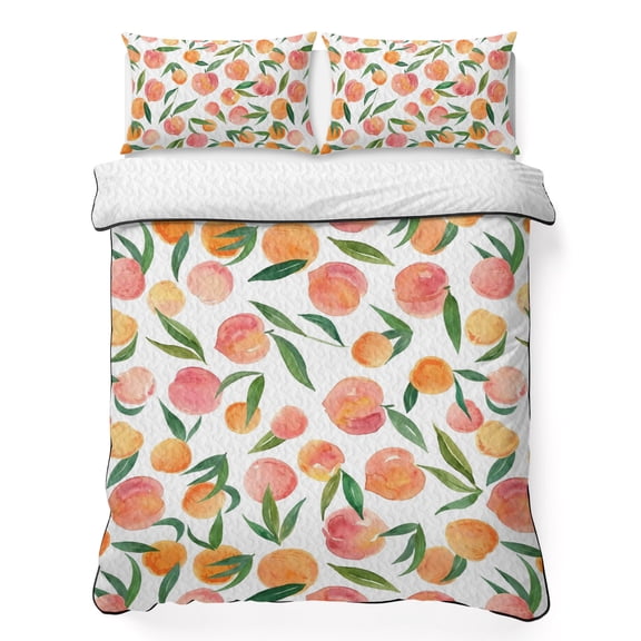 King Quilt Bedding Set Watercolor Peaches Green Leaves Summer Quilt Lightweight Quilted Coverlet with 2 Pillow Shams, Spring Botanical Plant 3-Piece Bedspread Quilt Set for All Season