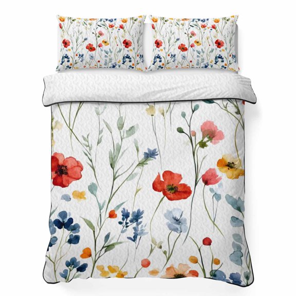King Quilt Bedding Set, Watercolor Poppies Flower Leaves on White 3 Piece Bedding Set Lightweight Breathable Quilt with 2 Pillow Shams, Spring Botanical Soft Microfiber Summer Comforter