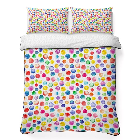 King Quilt Bedding Set Watercolor Rainbow Polka Dots Lightweight Summer Quilted Coverlet for Hot Sleepers, Colorful Pattern Breathable Soft Cooling Blanket with 2 Pillow Shams for All Season