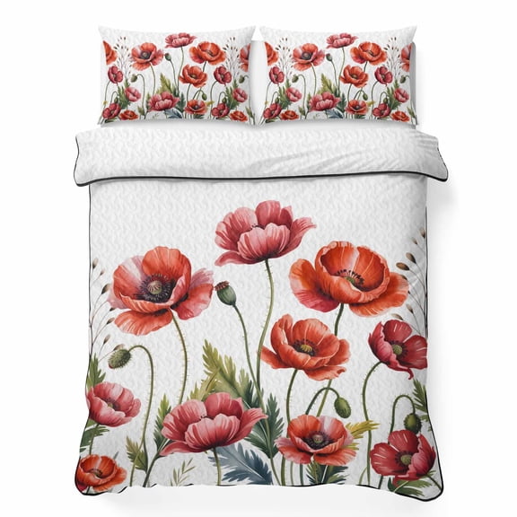 King Quilt Bedding Set, Watercolor Red Poppy Floral Soft Microfiber Summer Bedspread Coverlet with 2 Pillow Shams for All Season, Red and White Breathable Bedding Set for Hot Sleepers