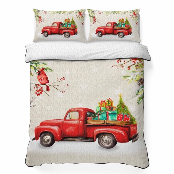 King Quilt Bedding Set, Watercolor Red Truck Bird 3 Piece Bedding Set Lightweight Breathable Quilt with 2 Pillow Shams, Christmas Tree Branch on Linen Soft Summer Comforter for Hot Sleepers