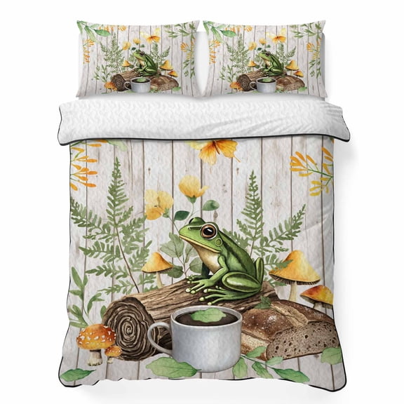 King Quilt Bedding Set Watercolor Rustic Frog Leaves Plant Summer Quilt Lightweight Quilted Coverlet with 2 Pillow Shams, Coffee Mushroom on Wooden 3-Piece Bedspread Quilt Set for All Season