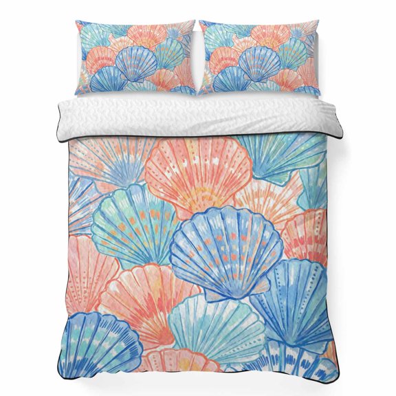 King Quilt Bedding Set Watercolor Sea Shell Breathable Summer Cooling Blanket for Hot Sleepers, Orange Blue Green Shells Lightweight Soft Bedding Set with 2 Pillow Shams for All Season