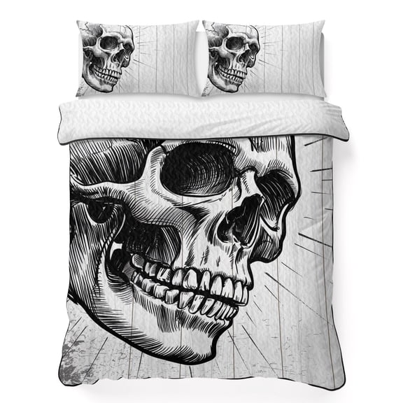 King Quilt Bedding Set, Watercolor Skull Line Pattern Soft Microfiber Summer Bedspread Coverlet with 2 Pillow Shams, Abstract Skeleton on White Wood Breathable Bedding Set for Hot Sleepers