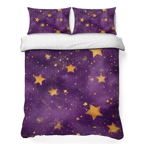 King Quilt Bedding Set, Watercolor Starry Sky on Purple Soft Microfiber Summer Bedspread Coverlet with 2 Pillow Shams for All Season, Dream Seamless Gold Star Breathable Bedding Set for Hot Sleepers