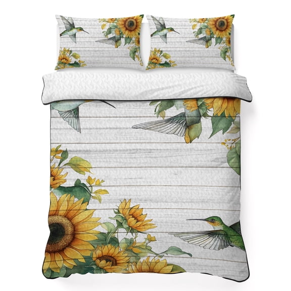 King Quilt Bedding Set, Watercolor Sunflower Hummingbird Soft Microfiber Summer Bedspread Coverlet with 2 Pillow Shams, White Wood Pastoral Scenic Breathable Bedding Set for Hot Sleepers