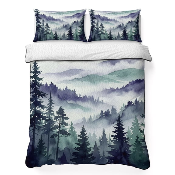 King Quilt Bedding Set Watercolor Tree Mountain Clouds Lightweight Summer Quilted Coverlet for Hot Sleepers, Purple Green Forest Scenery Breathable Soft Blanket with 2 Pillow Shams for All Season