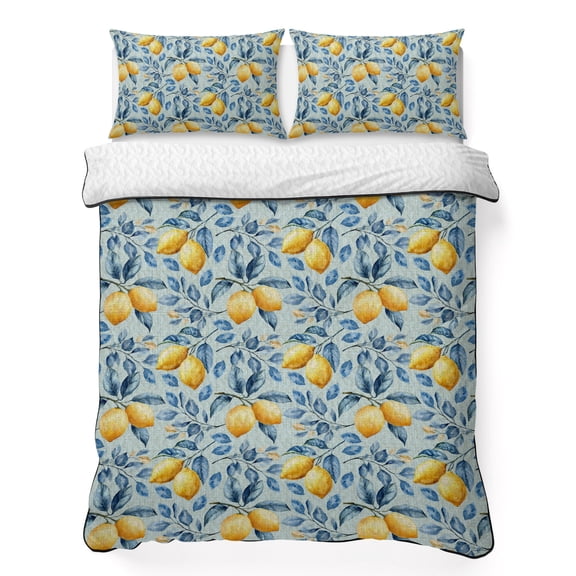 King Quilt Bedding Set, Watercolor Yellow Lemon Leaves on Linen Soft Microfiber Summer Bedspread Coverlet with 2 Pillow Shams for All Season, Blue Theme Breathable Bedding Set for Hot Sleepers