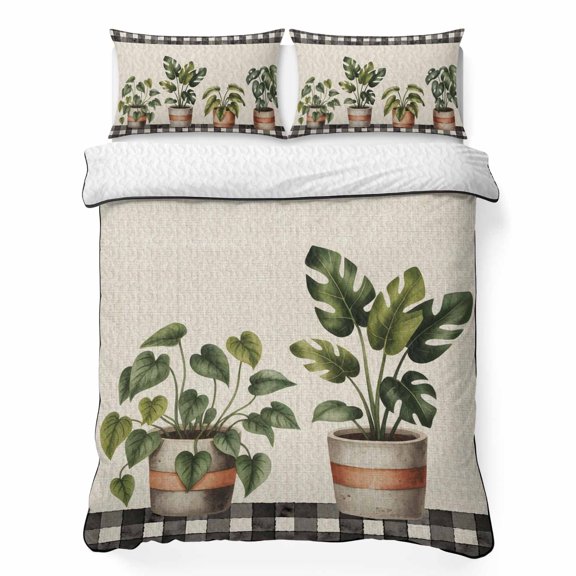 King Quilt Bedding Set Watercolors Pots Green Leaves on Linen Breathable Summer Cooling Blanket for Hot Sleepers, Black Plaid Lattice Lightweight Soft Bedding Set with 2 Pillow Shams for All Season