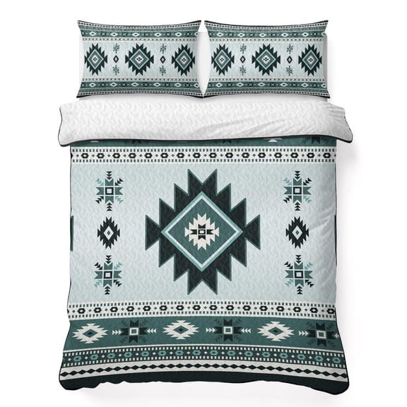 King Quilt Bedding Set Western Aztec Retro Geometric Art Lightweight Summer Quilted Coverlet for Hot Sleepers, Green Ethnic Tribal Texture Breathable Soft Blanket with 2 Pillow Shams for All Season