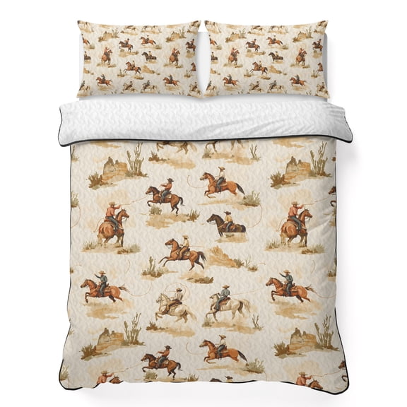 King Quilt Bedding Set Western Cowboy on Horse Summer Quilt Lightweight Quilted Coverlet with 2 Pillow Shams, Watercolor Desert Art 3-Piece Bedspread Quilt Set for All Season