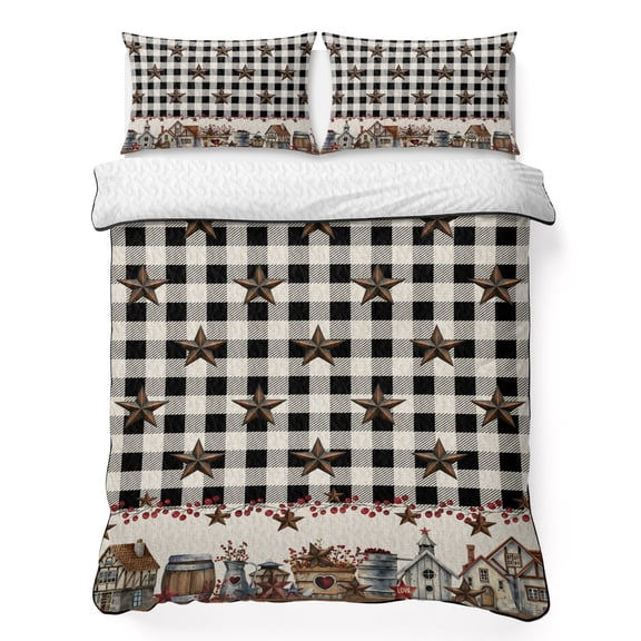 King Quilt Bedding Set, Western Star Buffalo Check Soft Microfiber Summer Bedspread Coverlet with 2 Pillow Shams for All Season, Vintage Country Cottage Breathable Bedding Set for Hot Sleepers