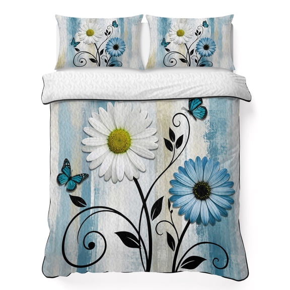 King Quilt Bedding Set, White Blue Bright Floral Daisy Soft Microfiber Summer Bedspread Coverlet with 2 Pillow Shams for All Season, Retro Farm Wood Board Breathable Bedding Set for Hot Sleepers