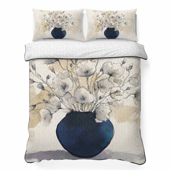 King Quilt Bedding Set, White Poppies in Deep Blue Vase 3 Piece Bedding Set Lightweight Breathable Quilt with 2 Pillow Shams, Country Floral Art Soft Microfiber Summer Comforter for Hot Sleepers