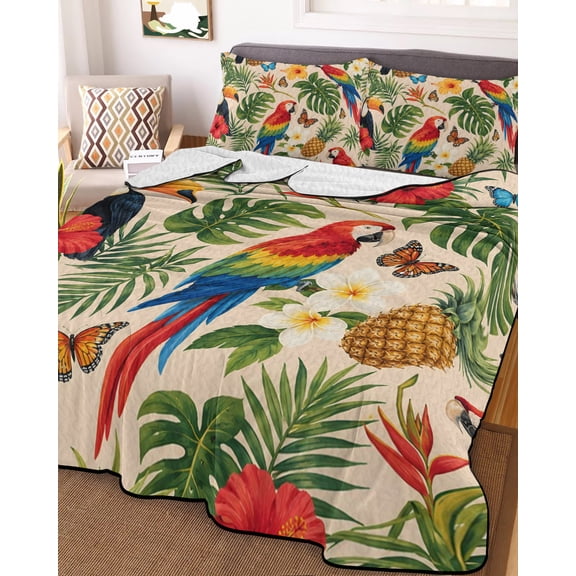 King Quilt Bedding Set, Wild Natural Parrot Pineapple Lightweight Coverlet Summer Comforter Set Soft Microfiber Bedspread, Tropical Monstera Palm Leaves 3 Piece Quilt Set with 2 Pillow Shams