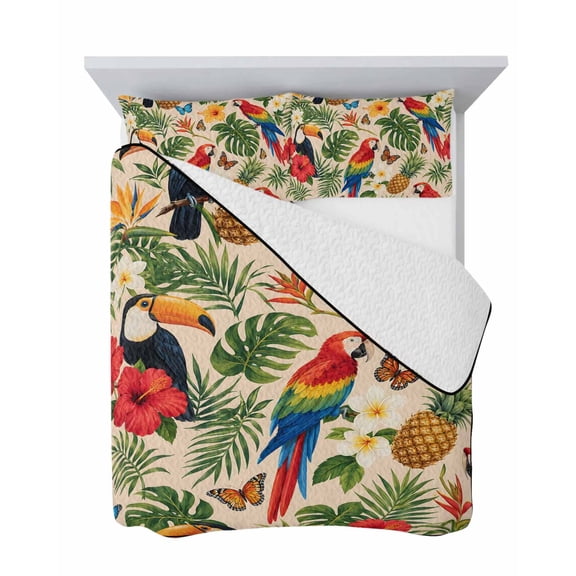 King Quilt Bedding Set, Wild Natural Parrot Pineapple Soft Microfiber Summer Bedspread Coverlet with 2 Pillow Shams, Tropical Monstera Palm Leaves Breathable Bedding Set for Hot Sleepers
