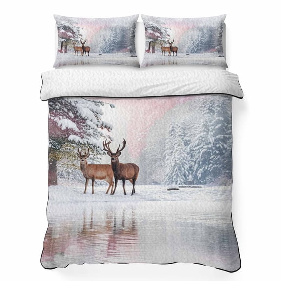 King Quilt Bedding Set, Winter Elk Pine Tree 3 Piece Bedding Set Lightweight Breathable Quilt with 2 Pillow Shams, Forest Snowflake Scenery Soft Microfiber Summer Comforter for Hot Sleepers