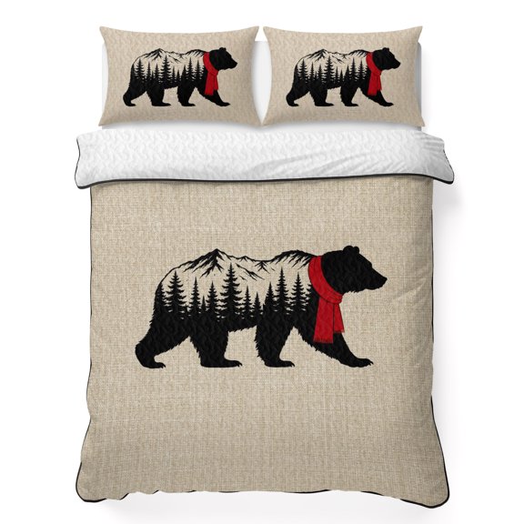 King Quilt Bedding Set, Winter Forest Bear Silhouette 3 Piece Bedding Set Lightweight Breathable Quilt with 2 Pillow Shams, Christmas Pine Tree Retro Linen Soft Summer Comforter for Hot Sleepers
