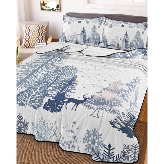 King Quilt Bedding Set, Winter Forest Christmas Deer Lightweight Coverlet Summer Comforter Set Soft Microfiber Bedspread, Gradient Blue Snowflakes 3 Piece Quilt Set with 2 Pillow Shams