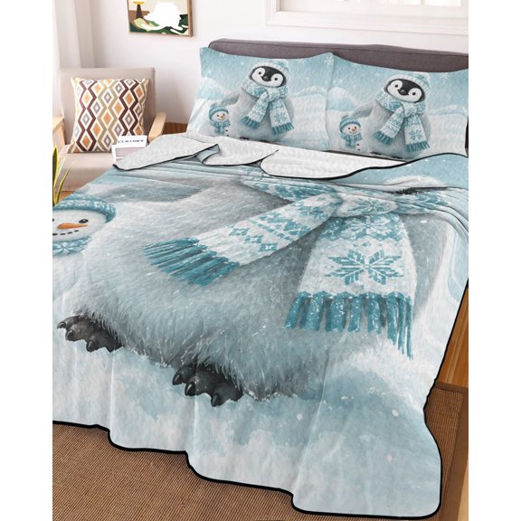 King Quilt Bedding Set, Winter Penguin Snowman Lightweight Coverlet Summer Comforter Set Soft Microfiber Bedspread, Falling Snowflake Icy Mountains 3 Piece Quilt Set with 2 Pillow Shams