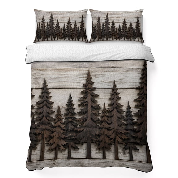King Quilt Bedding Set, Winter Pine Trees 3 Piece Bedding Set Lightweight Breathable Quilt with 2 Pillow Shams, Forest Plant Farmhouse Wood Board Soft Microfiber Summer Comforter for Hot Sleepers