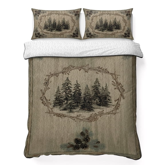 King Quilt Bedding Set, Winter Pine Trees and Pinecones 3 Piece Bedding Set Lightweight Breathable Quilt with 2 Pillow Shams, Retro Country Style Soft Microfiber Summer Comforter for Hot Sleepers