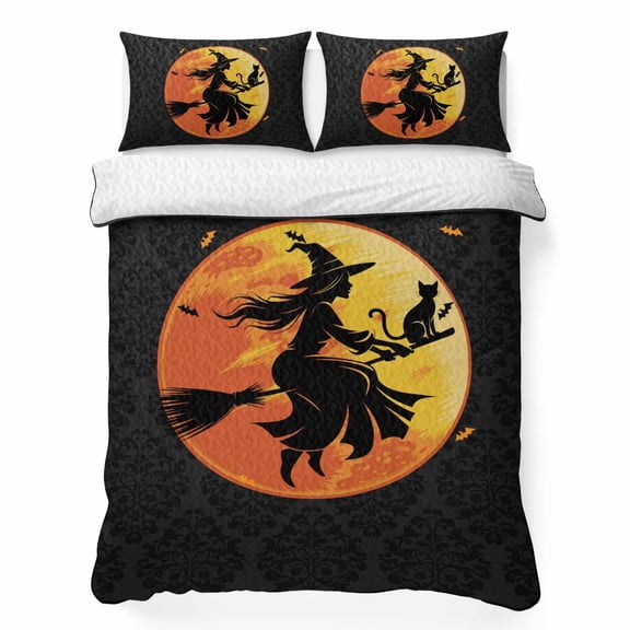 King Quilt Bedding Set, Witch Broom Halloween Night Moon Soft Microfiber Summer Bedspread Coverlet with 2 Pillow Shams, Pumpkin Bat Black Damask Flower Breathable Bedding Set for Hot Sleepers