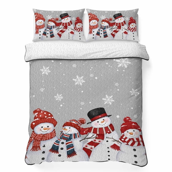 King Quilt Bedding Set Xmas Snowman Snowflakes on Grey Summer Quilt Lightweight Quilted Coverlet with 2 Pillow Shams, Winter Falling Snow 3-Piece Bedspread Quilt Set for All Season