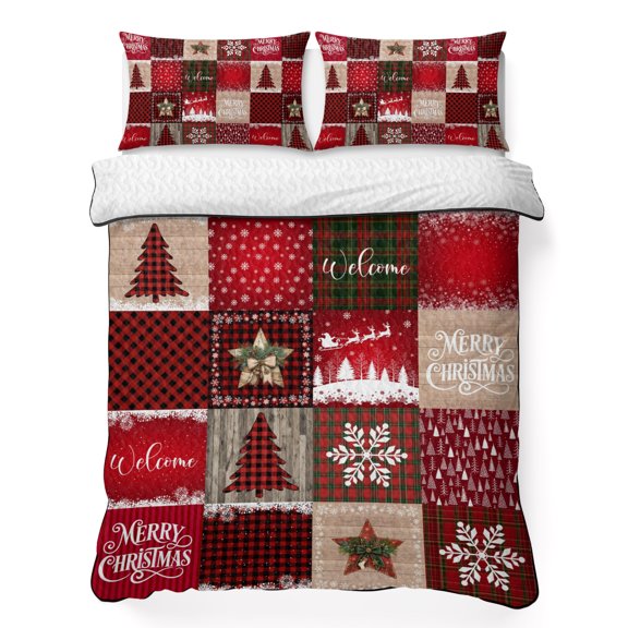 King Quilt Bedding Set, Xmas Tree Retro Patchwork 3 Piece Bedding Set Lightweight Breathable Quilt with 2 Pillow Shams, Winter Snowflake Western Star Soft Microfiber Summer Comforter