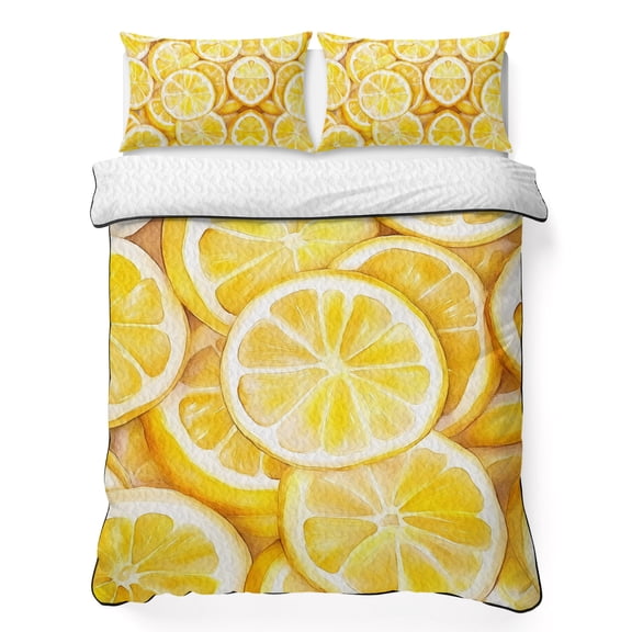 King Quilt Bedding Set, Yellow Lemon Slice Watercolor Soft Microfiber Summer Bedspread Coverlet with 2 Pillow Shams for All Season, Summer Fruit Breathable Bedding Set for Hot Sleepers