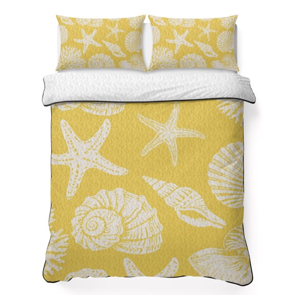 King Quilt Bedding Set Yellow Ocean Starfish Shells Summer Quilt Lightweight Quilted Coverlet with 2 Pillow Shams, Abstract Conches Corals 3-Piece Bedspread Quilt Set for All Season