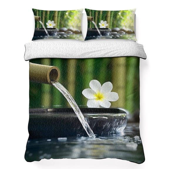 King Quilt Bedding Set Zen Meditation Plumeria Flower Summer Quilt Lightweight Quilted Coverlet with 2 Pillow Shams, Flowing Water Forest 3-Piece Bedspread Quilt Set for All Season