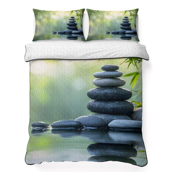 King Quilt Bedding Set Zen Meditation Stone Lake Breathable Summer Cooling Blanket for Hot Sleepers, Nature Landscape Still Life Lightweight Soft Bedding Set with 2 Pillow Shams for All Season