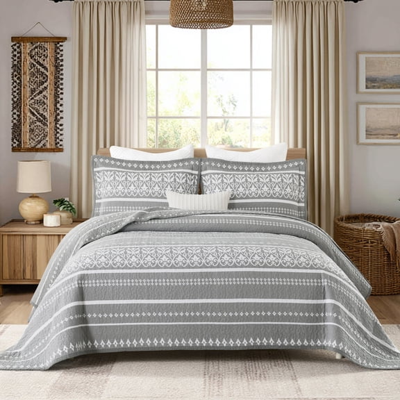 Boho Quilt Set King Size 3 Piece - 100% Cotton Farmhouse Bedding Set - All Season Lightweight - Grey/White