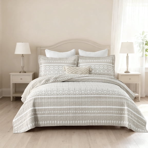 Boho Quilt Set King 3-Piece, 100% Cotton Double-Sided Bedding, Versatile Beige & White Pattern, All-Season Lightweight Coverlet