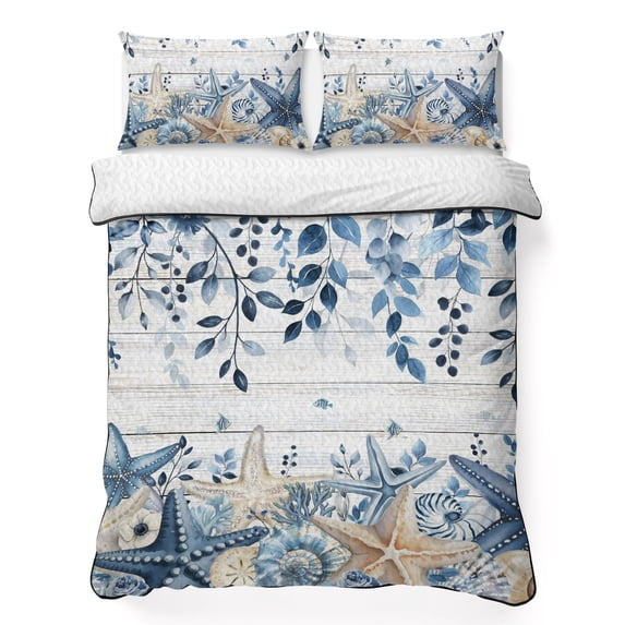 King Quilt Set 96''x106'', Blue Coastal Starfish Lightweight Bedspread Coverlet with 2 Pillow Shams, Beach Nautical Shell Eucalyptus Wooden Breathable All Season Quilt Bedding for Bedroom/Guest Room