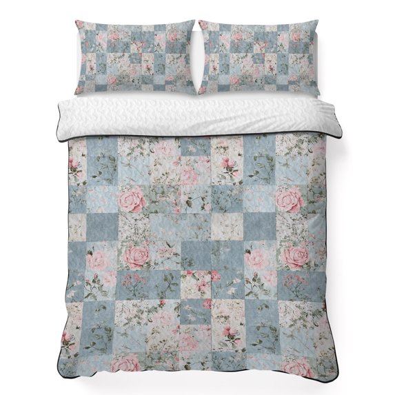 King Quilt Set 96''x106'', Blue Pink Botanical Lightweight Summer Bedspread Coverlet Set with 2 Pillow Shams, Spring Floral Vintage Breathable All Season Quilt Bedding for Bedroom/Guest Room