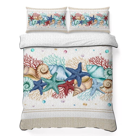 King Quilt Set 96''x106'', Blue Starfish Beach Lightweight Bedspread Coverlet with 2 Pillow Shams, Summer Coral Conch Coastal Retro Beige Breathable All Season Quilt Bedding for Bedroom/Guest Room