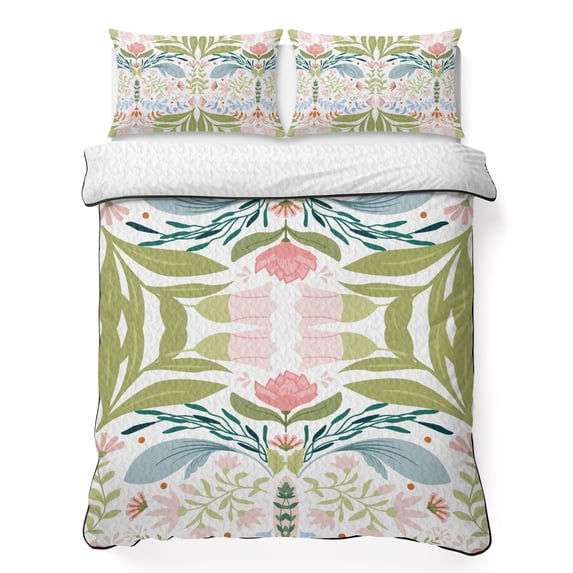 King Quilt Set 96''x106'', Boho Green Flower Lightweight Summer Bedspread Coverlet Set with 2 Pillow Shams, Botanical Watercolor Leaf Floral Breathable All Season Quilt Bedding for Bedroom/Guest Room