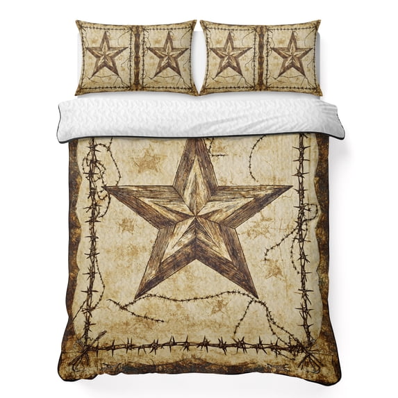 King Quilt Set 96''x106'', Brown Texas Star Country Lightweight Summer Bedspread Coverlet Set with 2 Pillow Shams, Western Stars Retro Breathable All Season Quilt Bedding for Bedroom/Guest Room