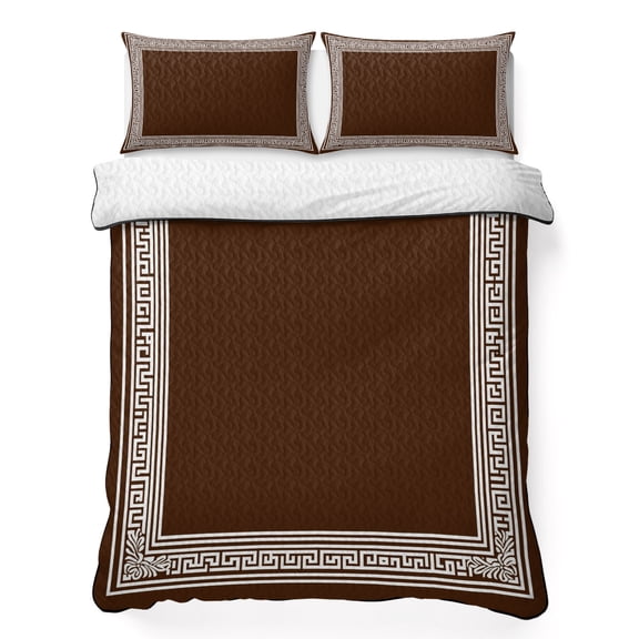 King Quilt Set 96''x106'', Coffee Brown Greek Key Lightweight Bedspread Coverlet with 2 Pillow Shams, Geometric Greece Ancient Farmhouse Geo Breathable All Season Quilt Bedding for Bedroom/Guest Room