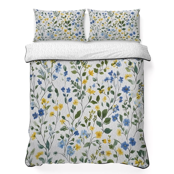 King Quilt Set 96''x106'', Elegant Blue Yellow Spring Floral Lightweight Bedspread Coverlet Set with 2 Pillow Shams, Summer Botanical Green Breathable All Season Quilt Bedding for Bedroom/Guest Room