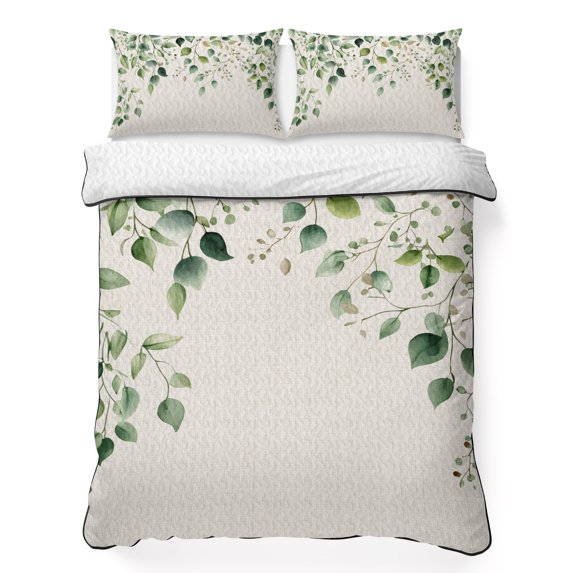 King Quilt Set 96''x106'', Eucalyptus Leaf Lightweight Bedspread Coverlet Set with 2 Pillow Shams, Watercolor Green Plant Vintage Country Breathable All Season Quilt Bedding for Bedroom/Guest Room