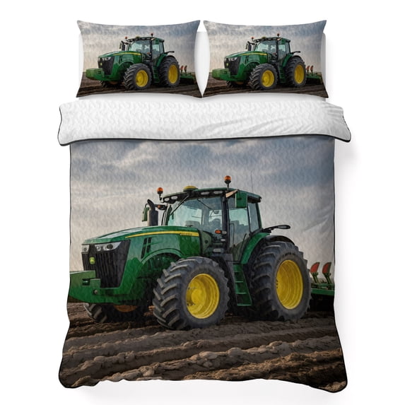 King Quilt Set 96''x106'', Farm Tractor Lightweight Bedspread Coverlet Set with 2 Pillow Shams, Green Truck Country Rustic Field Harvester Breathable All Season Quilt Bedding for Bedroom/Guest Room