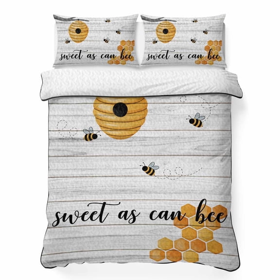 King Quilt Set 96''x106'', Farmhouse Bee Lightweight Summer Bedspread Coverlet Set with 2 Pillow Shams, Pastoral Country Bee Grey Wooden Breathable All Season Quilt Bedding for Bedroom/Guest Room